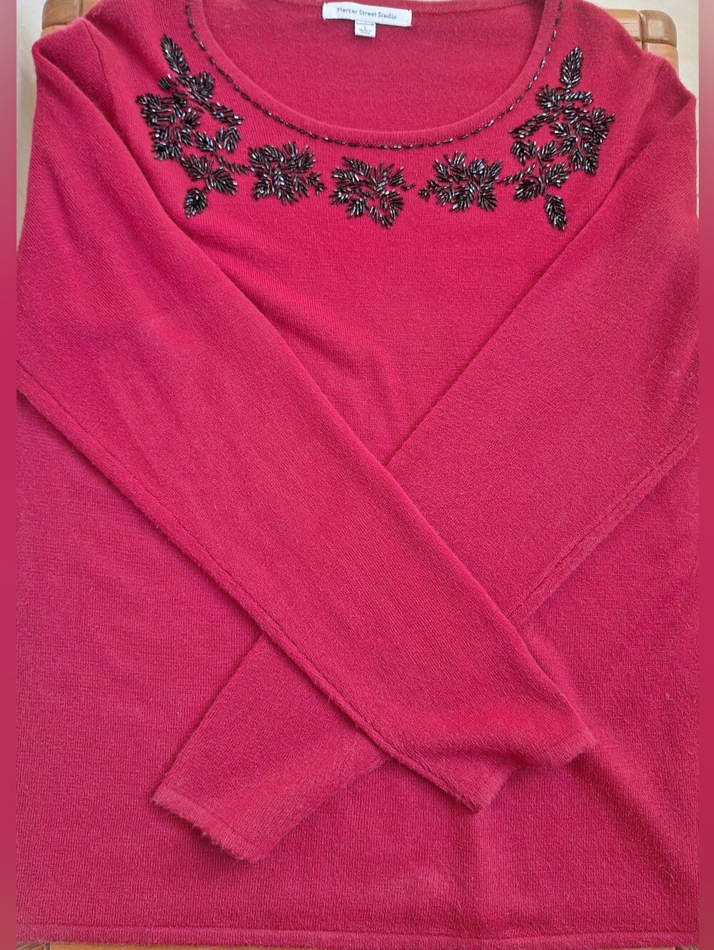 Vintage Beaded Knit Sweater Embellished Red Holiday Cozy Festive Womens L